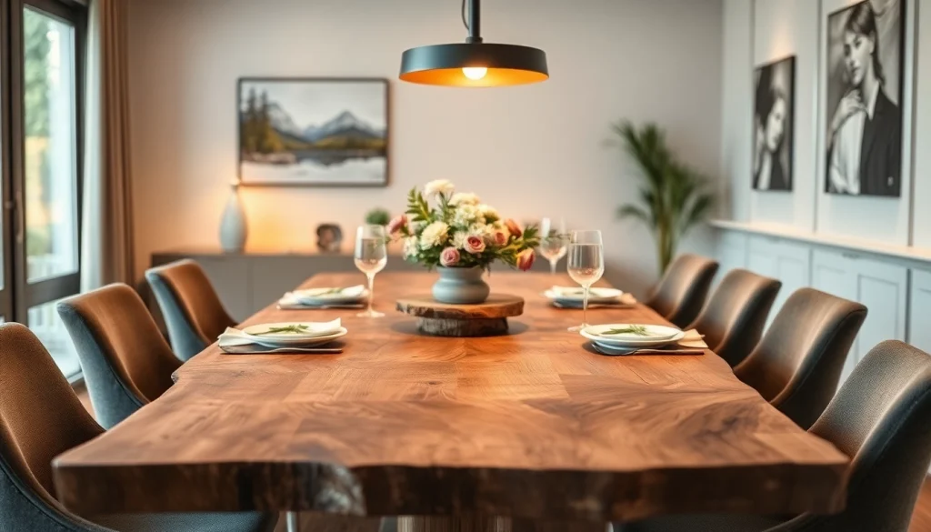 Admire the exquisite Massiver Eiche Esstisch enhanced by its striking natural edge and elegant dining setup.