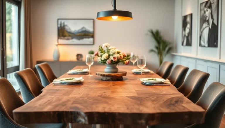 Admire the exquisite Massiver Eiche Esstisch enhanced by its striking natural edge and elegant dining setup.