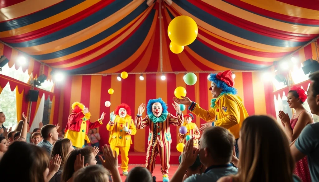 Exciting moment from a clown show with colorful performers engaging the audience.