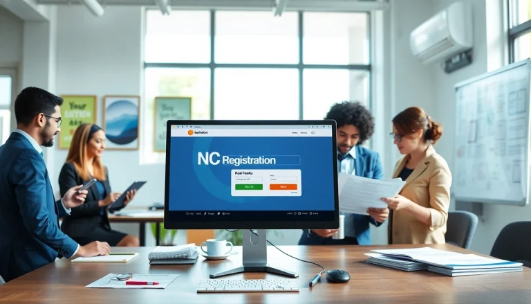 NCR Registration process with a diverse team reviewing documents in a modern office setting.