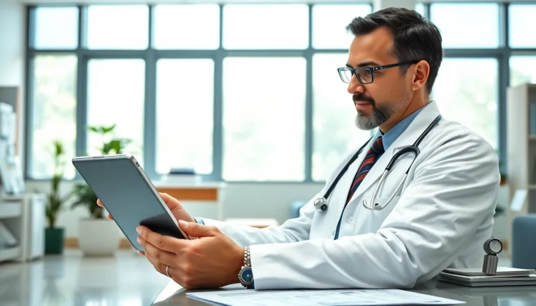 Read engaging eprescription app reviews while a doctor utilizes the tool in a bright office environment.