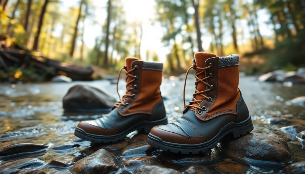 Fly fishing boots displayed on rocks by a river, showcasing durability in nature.