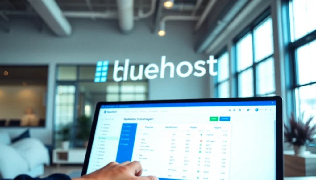 Showcase how Bluehost enhances web management with an interactive dashboard in a modern office.